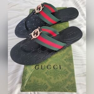 Gucci Black Flip-Flops with Red and Green Straps